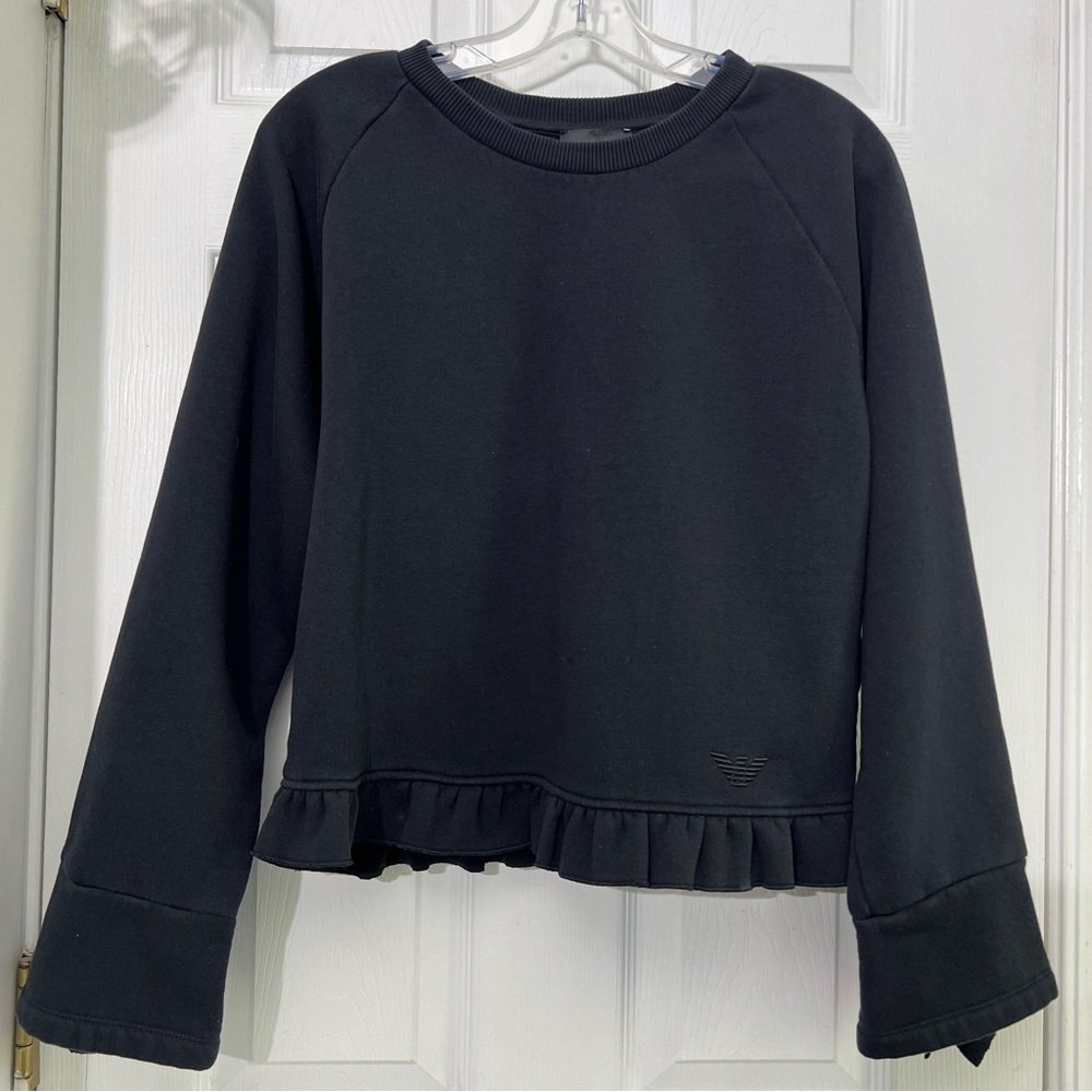 Emporio Armani Women’s Small Black Peplum Ruffle Hem Sweatshirt Logo